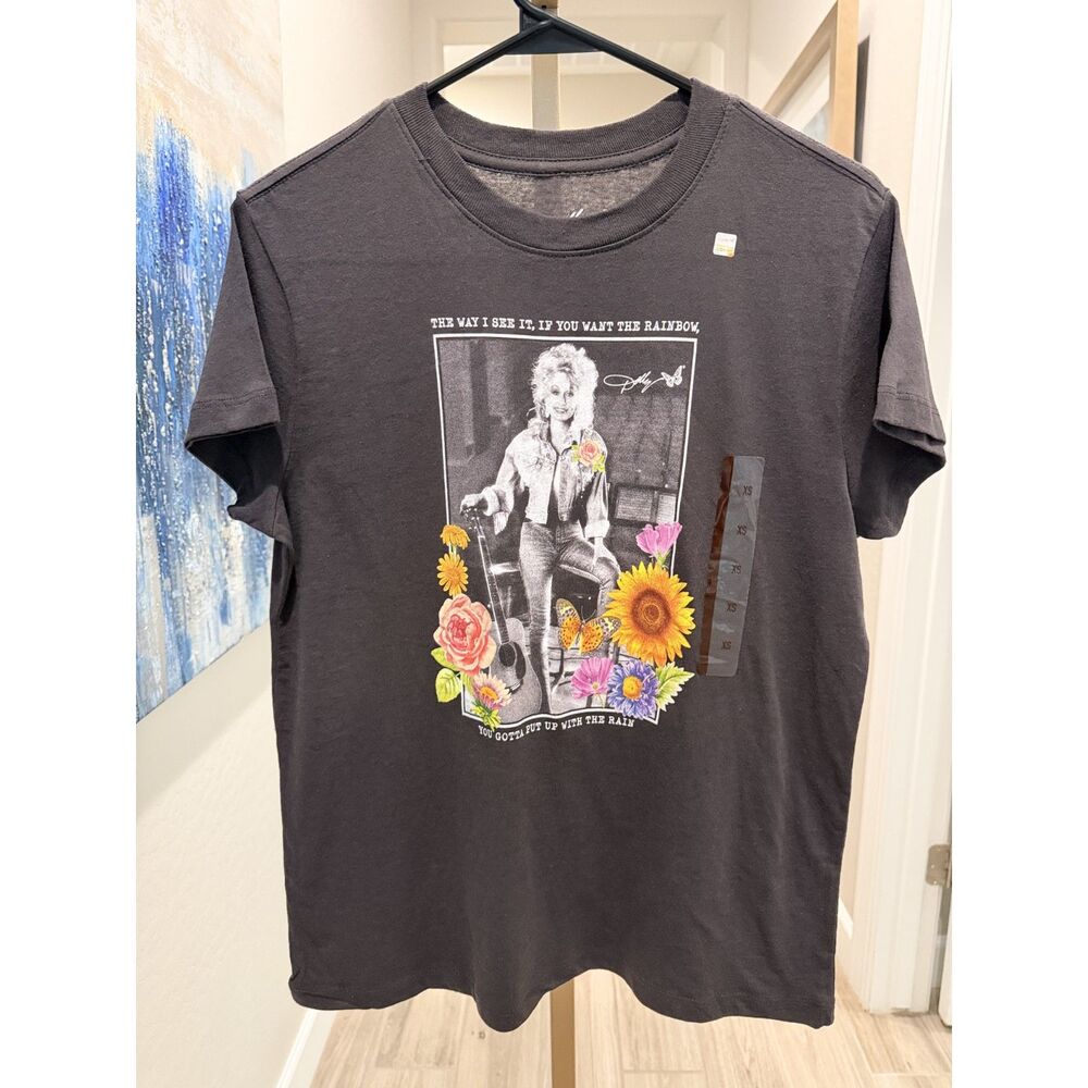 NWT Dolly Parton Charcoal Graphic T Shirt XS Country Music Floral Western Tee
